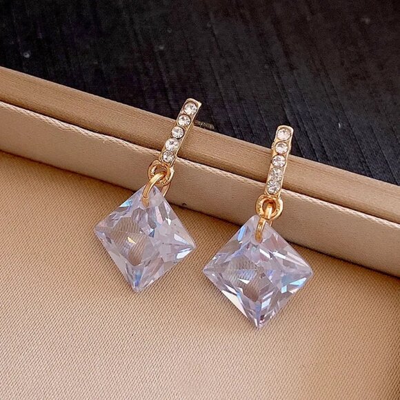 3/$35 Square Clear Cubic Zirconia Gold Tone Dangle Drop Earrings Diamond Crystal - Picture 6 of 6